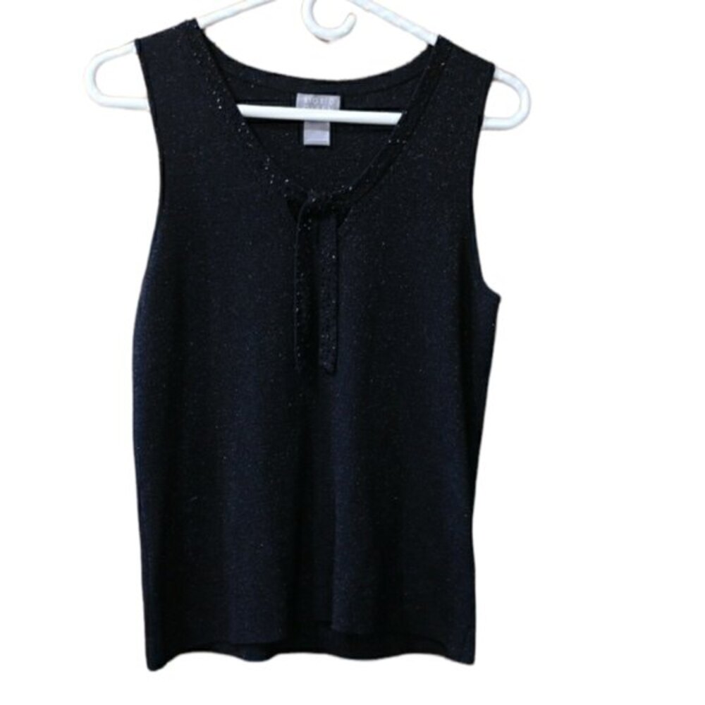 Sigrid Olsen Black Sparkly Beaded Bow Neck Knit Tank Top Medium Vintage